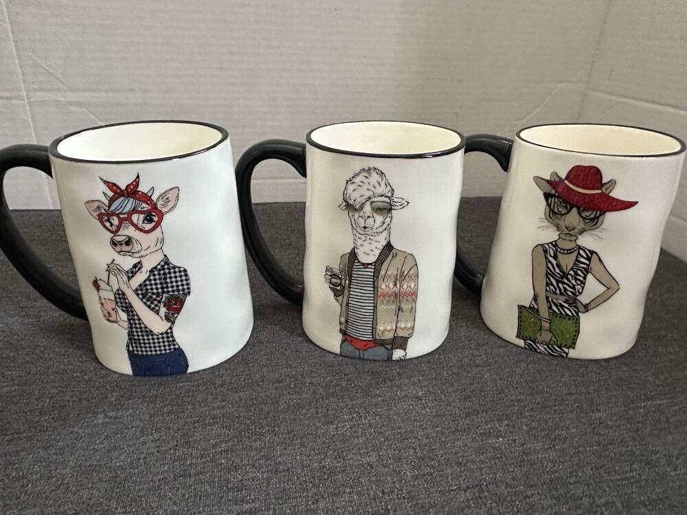 Signature Housewares Hipster Animal Mugs Set of 3 Cow Llama Cat Stoneware 17 oz